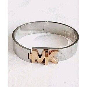 MICHAEL KORS SILVER,LOGO ROSE GOLD 2 TONE TURN LOCK,OVAL CUFF BANGLE MKJ6839 7"